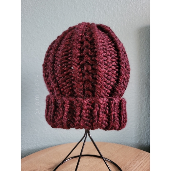 Accessories - Relaxed Ribbed Knit Beanie - Burgundy (Handmade)